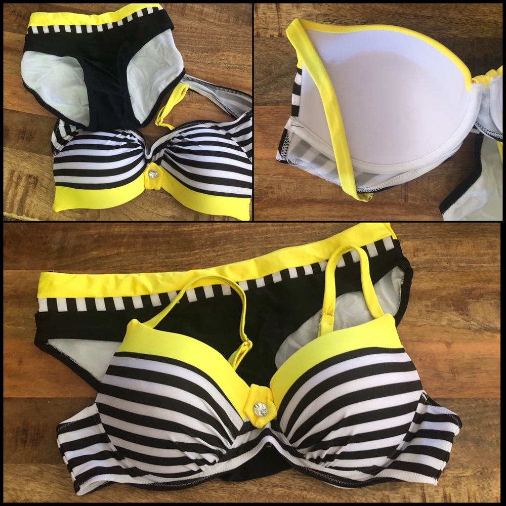 Yellow Black Stripe Push Up Padded Bikini Swimsuit - Picture 4 of 5